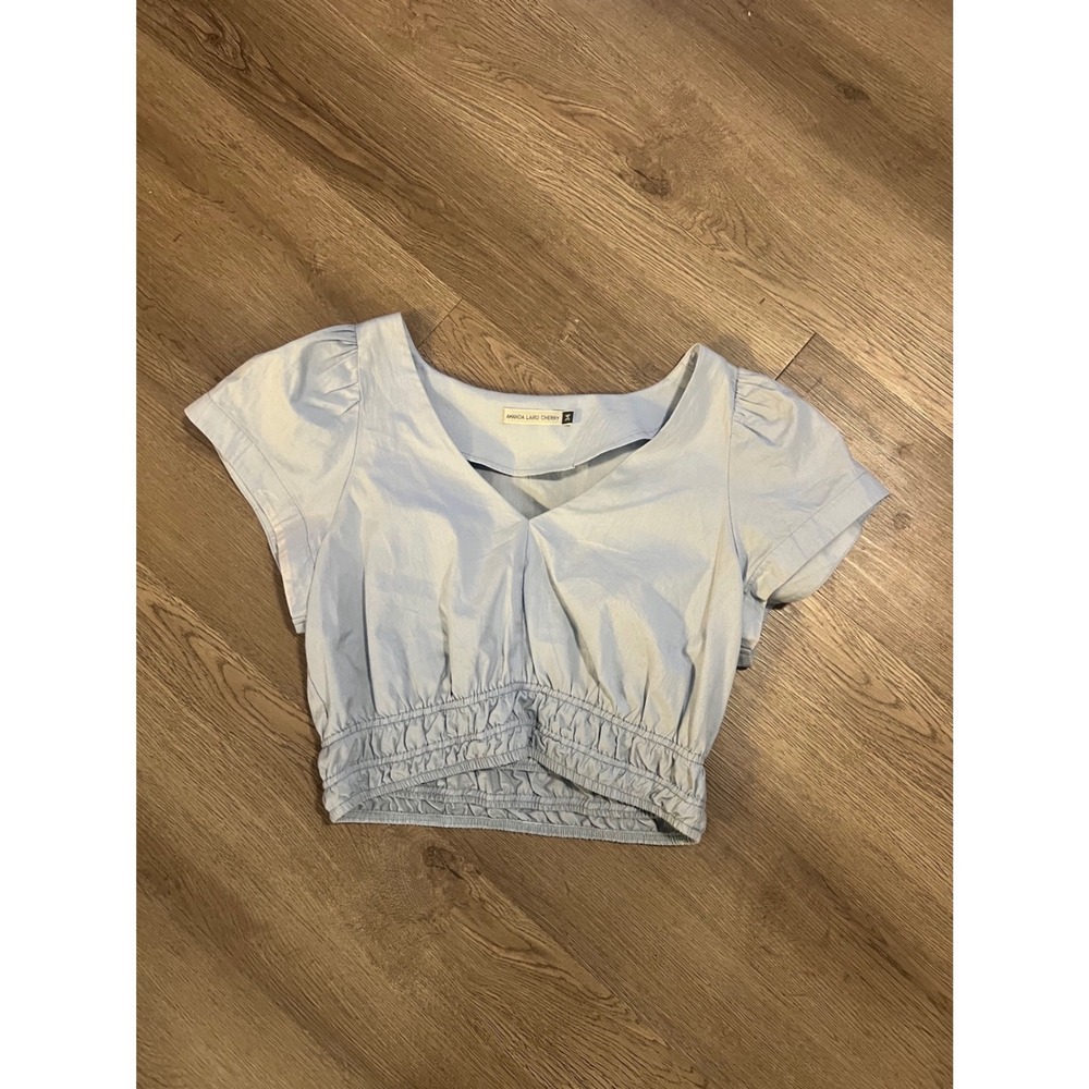 Amanda Laird Cherry Womens Light Blue Smocked Waist V-Neck‎ Puff Crop Top 34